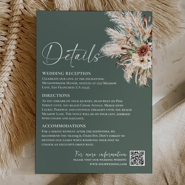 Sage Green Boho Wedding Details Enclosure Card  (Sage Green Boho Wedding Details Card, Bohemian Greenery Pampas Wedding Enclosure Card)