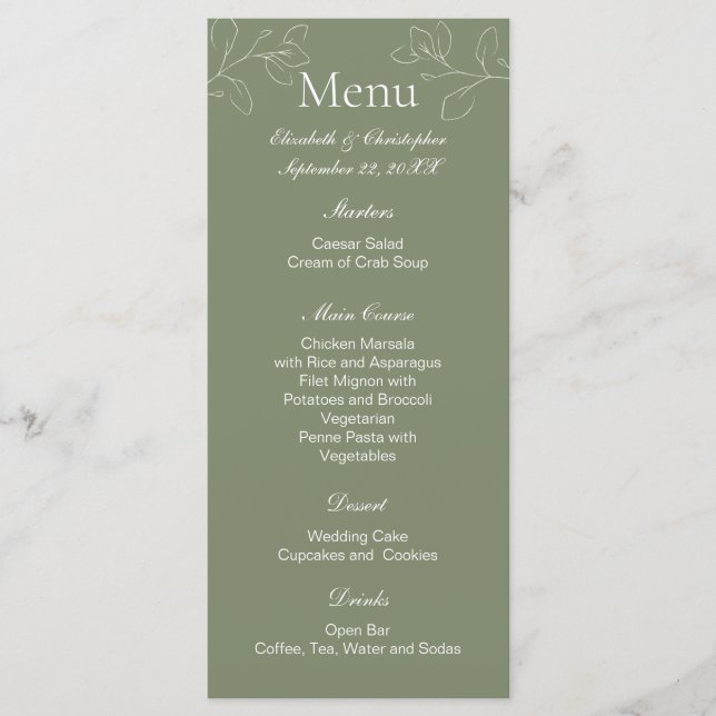 Sage Green Boho White Floral Botanical Wedding Menu (Front)