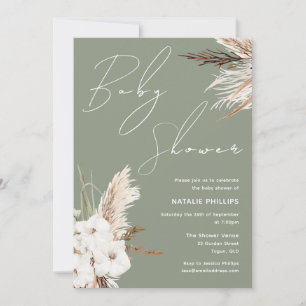 Sage Green Boho White Floral Modern Baby Shower Invitation
