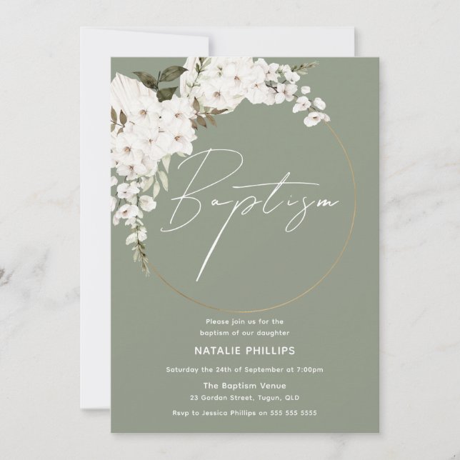 Sage Green Boho White Wreath Boy or Girl Baptism Invitation (Front)