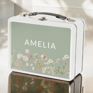 Sage Green Boho Wildflower Back To School Metal Lunch Box