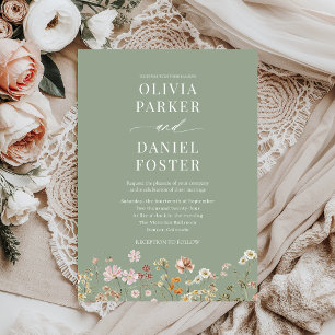 Sage Green Boho Wildflower Minimalist Wedding  Invitation