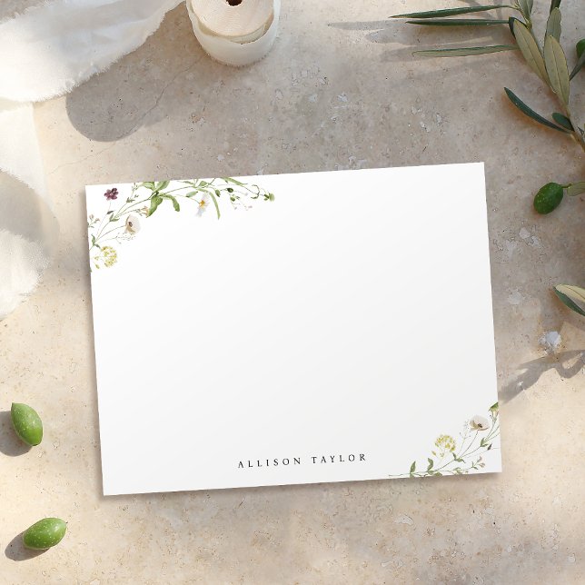 Sage Green Boho Wildflower Personalised Stationery Card (Elegant Boho Wildflower Personalized Stationery Note Card)