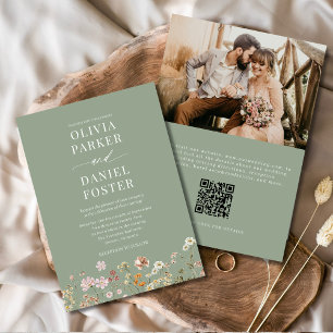 Sage Green Boho Wildflower QR Code Photo Wedding  Invitation
