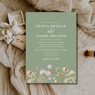 Sage Green Boho Wildflower Rustic Garden Wedding Invitation
