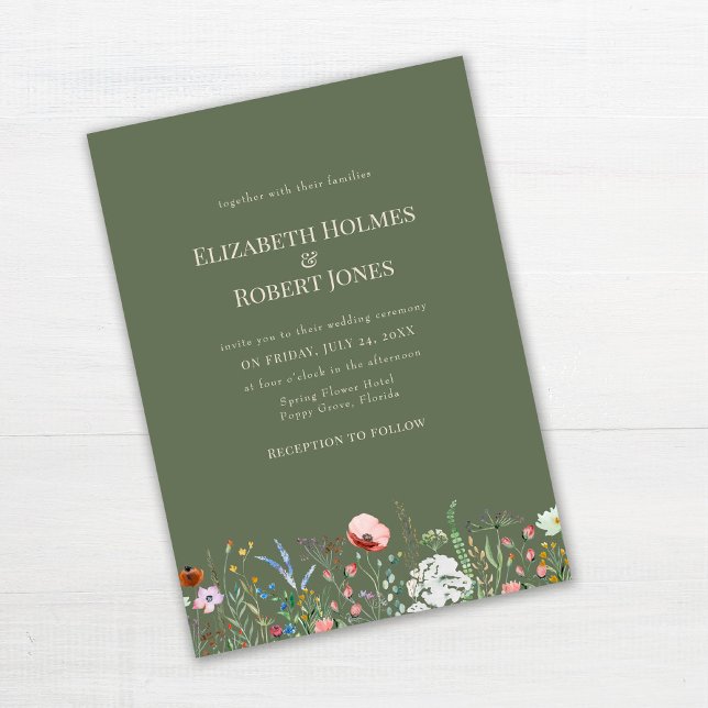 Sage Green Boho Wildflower Wedding Invitation (Sage Green Boho Wildflower Wedding Invitation on white wooden table.)