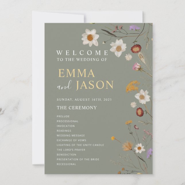 Sage Green Boho Wildflower Wedding Program Invitation (Front)