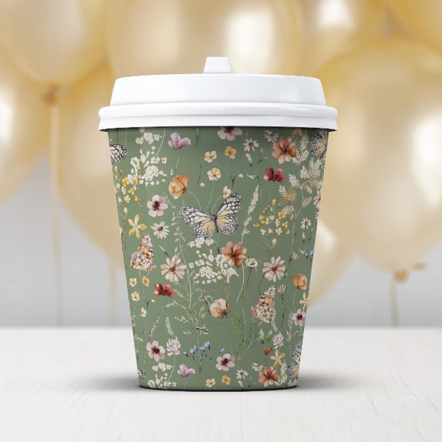Sage Green Boho Wildflowers Paper cup (Sage Green Boho Wildflowers Paper Cup with Butterflies by Painted Paperie
)