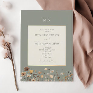 Sage Green Boho Wildflowers Wedding Invitation