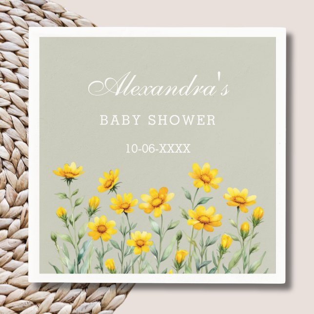 Sage Green Boho Yellow Wildflower Baby Shower Napkin (Creator Uploaded)