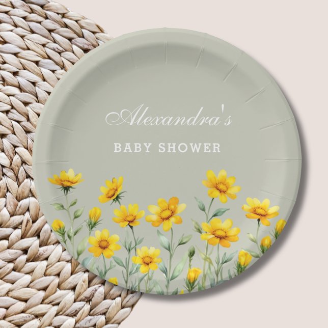 Sage Green Boho Yellow Wildflower Baby Shower Paper Plate (Creator Uploaded)