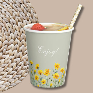 Sage Green Boho Yellow Wildflower Bridal Shower Paper Cups