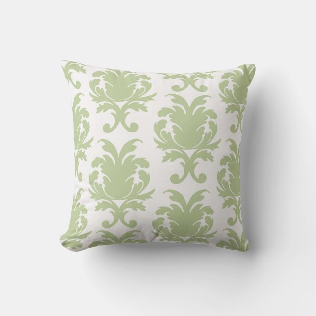 sage green bold large damask pattern cushion (Front)