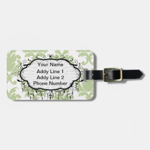 sage green bold large damask pattern luggage tag