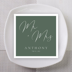 Sage Green Bold Marker Mr + Mrs Wedding Napkin