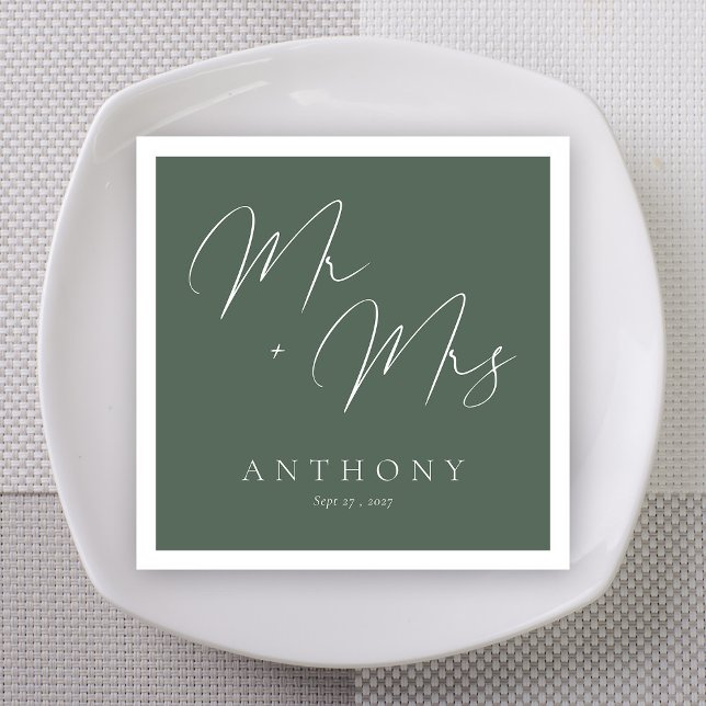 Sage Green Bold Marker Mr + Mrs Wedding Napkin (Sage Green Bold Marker Mr + Mrs Custom Wedding Napkins)