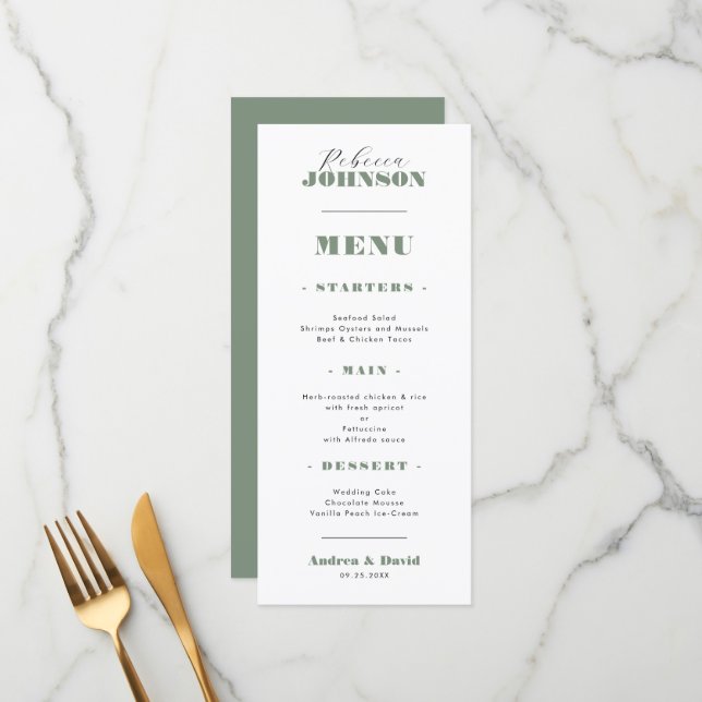 Sage Green Bold Script Guest Name Wedding Dinner Menu (Front/Back In Situ)