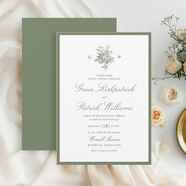 Sage Green Border Classic Monogram Wedding Invitation (Creator Uploaded)