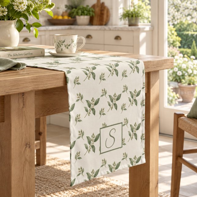 Sage Green Botanical Berries Monogram Short Table Runner (Creator Uploaded)