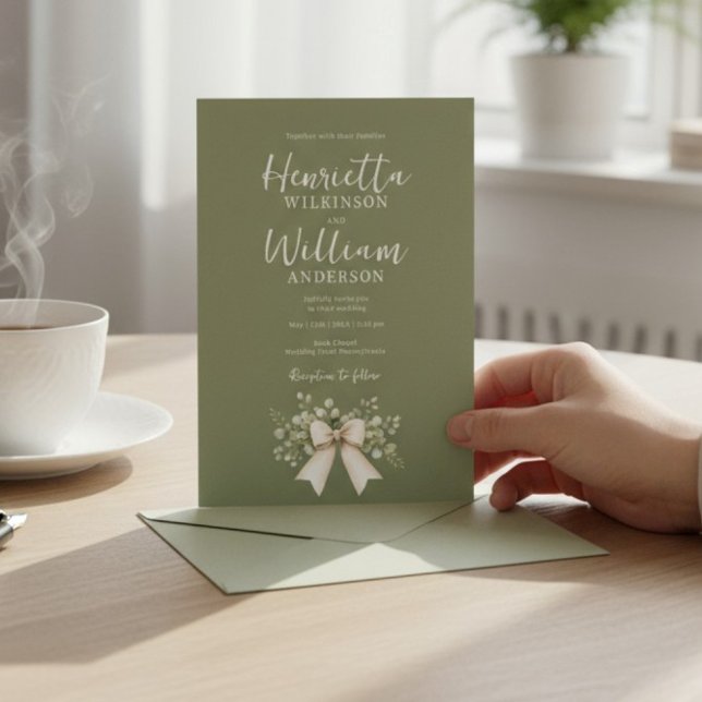 Sage Green Botanical Bow All-in-One Wedding Invita Invitation (Creator Uploaded)