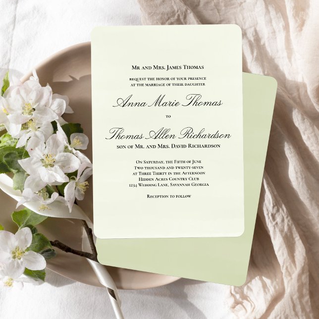Sage Green Botanical Classic Formal Script Wedding Invitation (Classic formal sage green invitation with elegant script and timeless layout.)