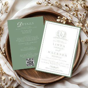 Sage Green botanical crest All in one wedding  Invitation