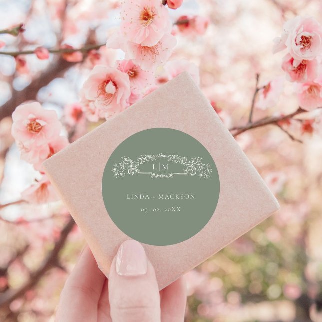  Sage Green botanical crest monogram wedding Classic Round Sticker (Creator Uploaded)