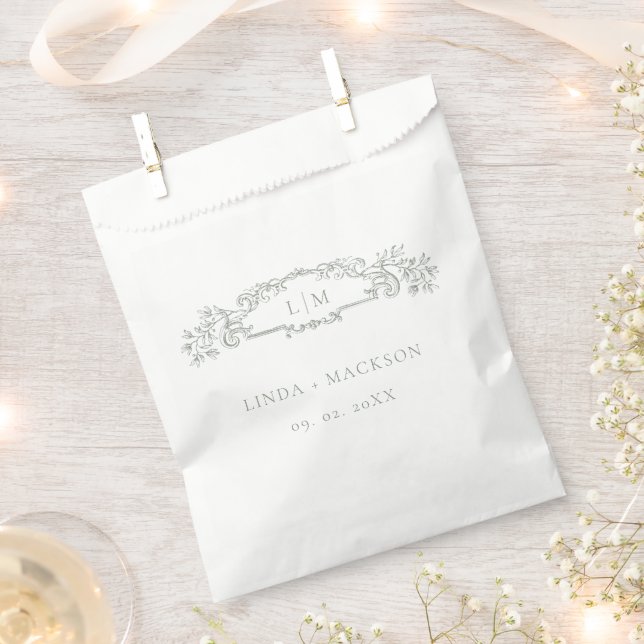 Sage green  botanical crest monogram wedding favour bags (Clipped)