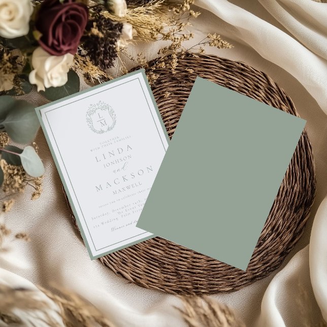 Sage Green botanical crest monogram wedding Invitation (Creator Uploaded)