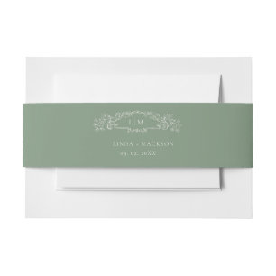 Sage Green botanical crest monogram wedding Invitation Belly Band