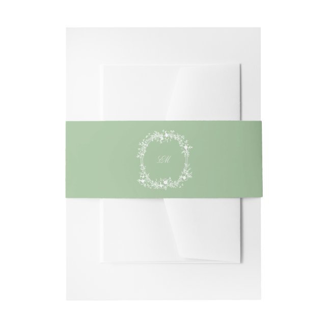 Sage Green Botanical Crest Monogram Wedding  Invitation Belly Band (Front Example)