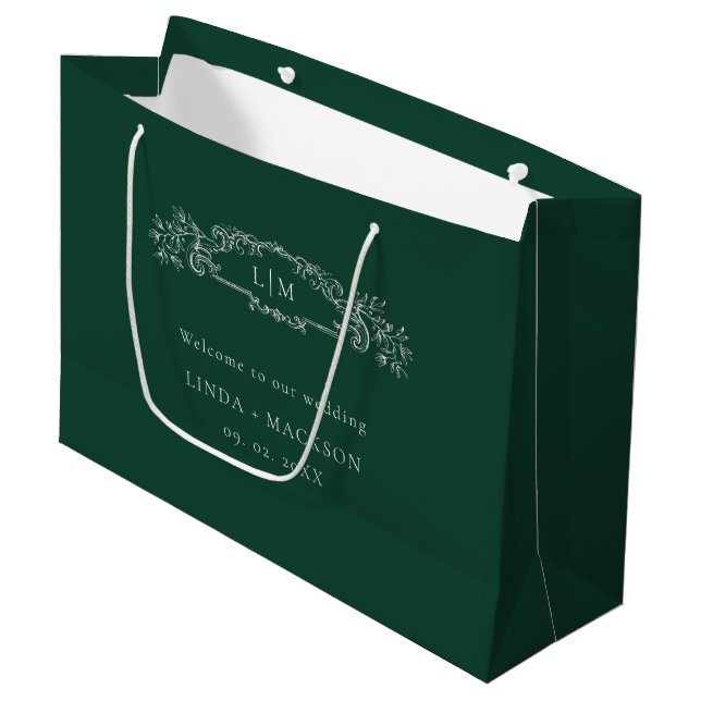 Sage Green botanical crest monogram wedding Large Gift Bag (Front Angled)