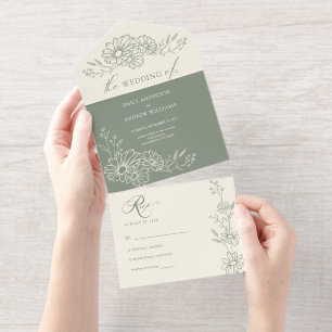Sage Green Botanical Daisy Garden Wedding All In One Invitation