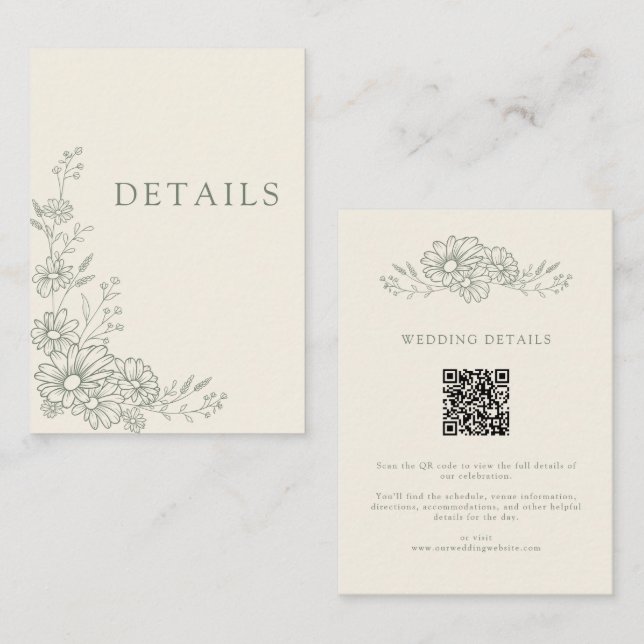 Sage Green Botanical Daisy QR Code Wedding Details Enclosure Card (Front/Back)