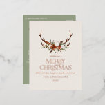 Sage green botanical elegant stag rustic modern foil holiday postcard<br><div class="desc">Black terracotta and sage green floral botanical elegant stag floral Merry Christmas holiday card. Real foil gold, silver and rose gold typography detailing.</div>