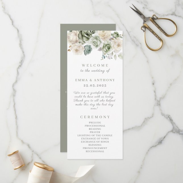 Sage Green Botanical Elegant Wedding Ceremony  Programme (Front/Back In Situ)