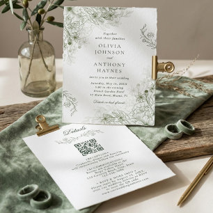 Sage Green Botanical Floral Elegant Wedding Invitation