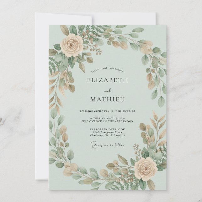 Sage Green Botanical Garland Wedding Invitation (Front)