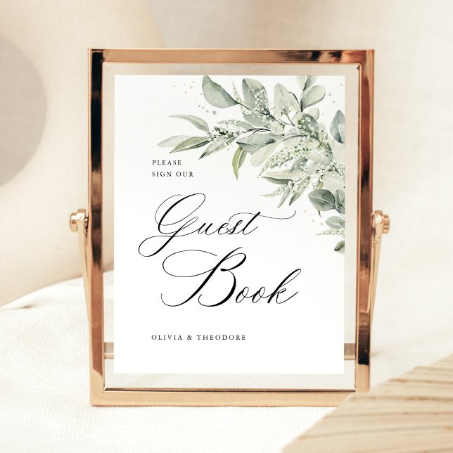 Sage Green Botanical Guest Book Wedding Table Pedestal Sign (Sage green botanical wedding guest book sign, elegant calligraphy table decor, classic stationery)
