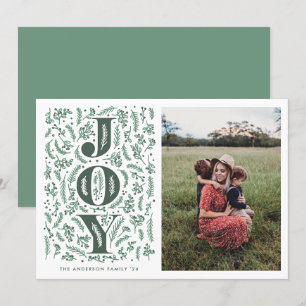 Sage green botanical JOY illustration photo Holiday Card
