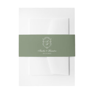 Sage Green Botanical Leaf Monogram Crest Wedding Invitation Belly Band