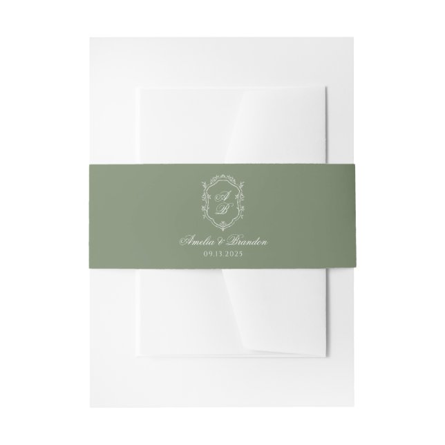 Sage Green Botanical Leaf Monogram Crest Wedding Invitation Belly Band (Front Example)