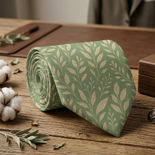 Sage Green Botanical Leaf  Tie