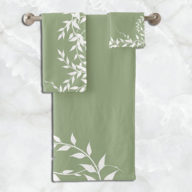 Sage Green Botanical Leaves Bath Towel Set (Creator Uploaded)