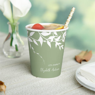 Sage Green Botanical Leaves Bridal Shower Paper Cups
