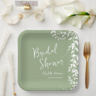 Sage Green Botanical Leaves Bridal Shower Paper Plate