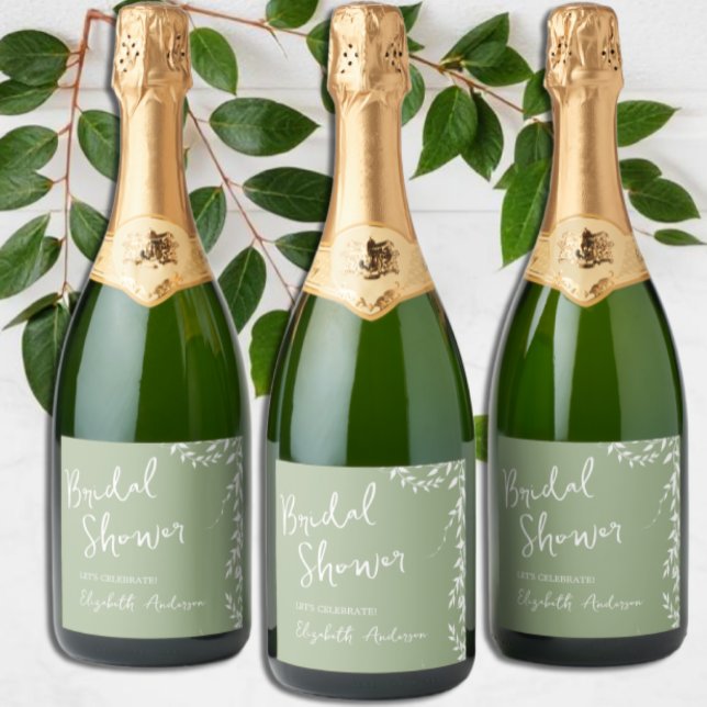 Sage Green Botanical Leaves Bridal Shower Sparkling Wine Label (Creator Uploaded)
