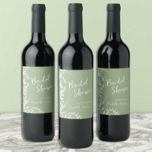 Sage Green Botanical Leaves Bridal Shower Wine Label