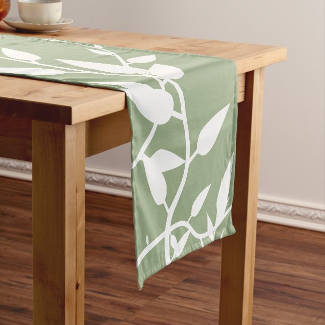 Sage Green Botanical Leaves Short Table Runner (In Situ)