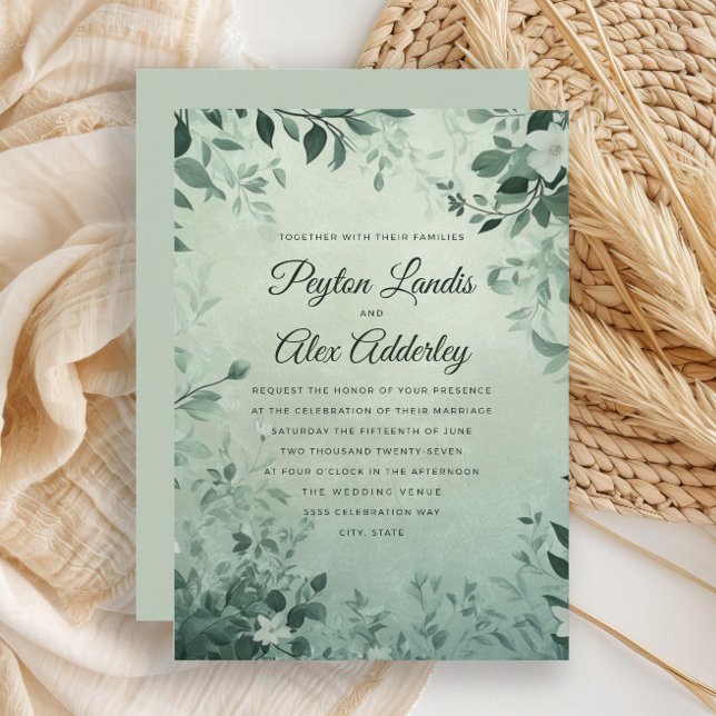Sage Green Botanical Leaves Watercolor Wedding Invitation (Sage green leaves botanical wedding invitation)